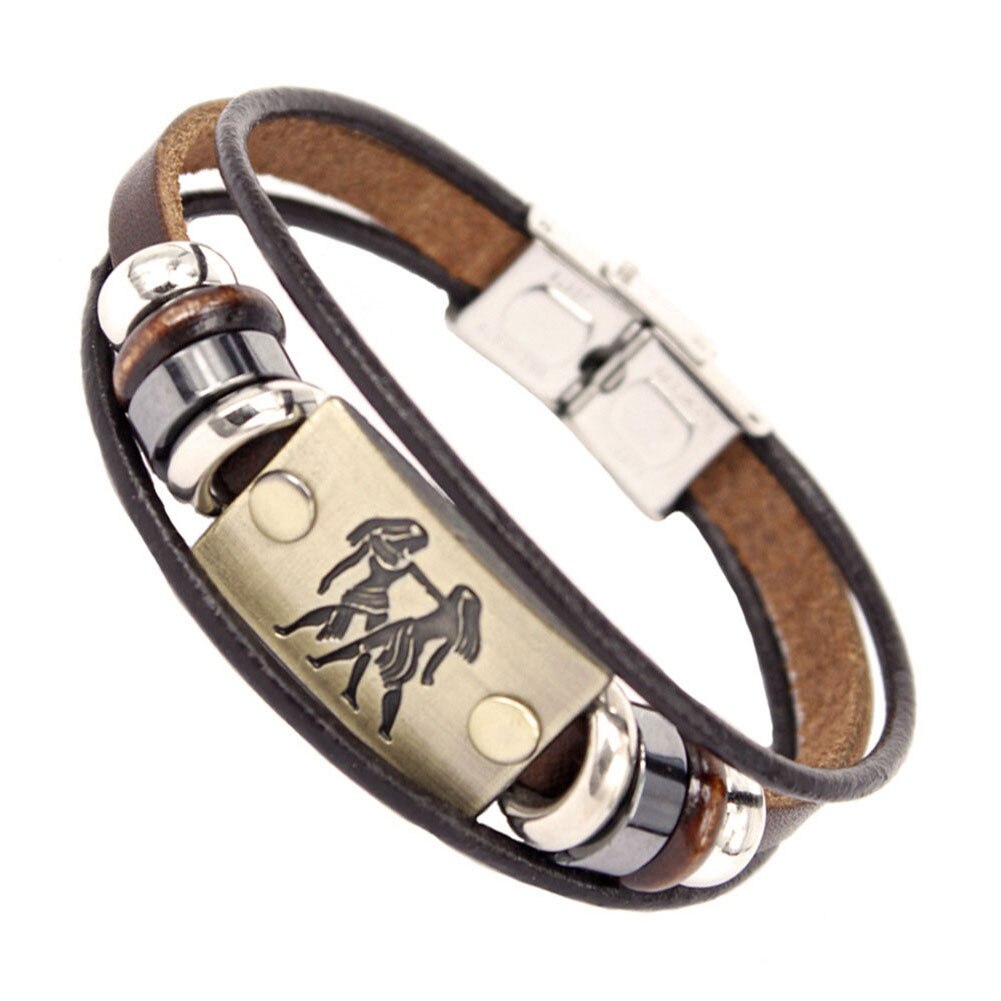 Constellations Men Bracelet Cuff Leather Alloy Zodiac Signs Man
