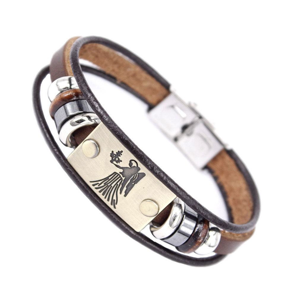 Constellations Men Bracelet Cuff Leather Alloy Zodiac Signs Man