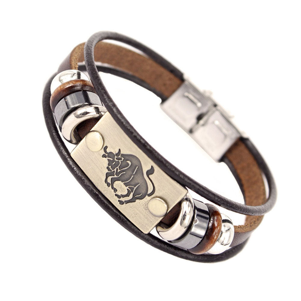 Constellations Men Bracelet Cuff Leather Alloy Zodiac Signs Man