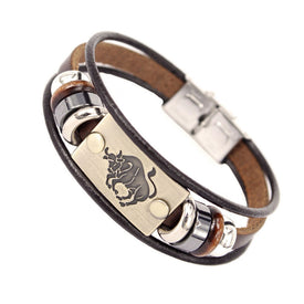 Constellations Men Bracelet Cuff Leather Alloy Zodiac Signs Man