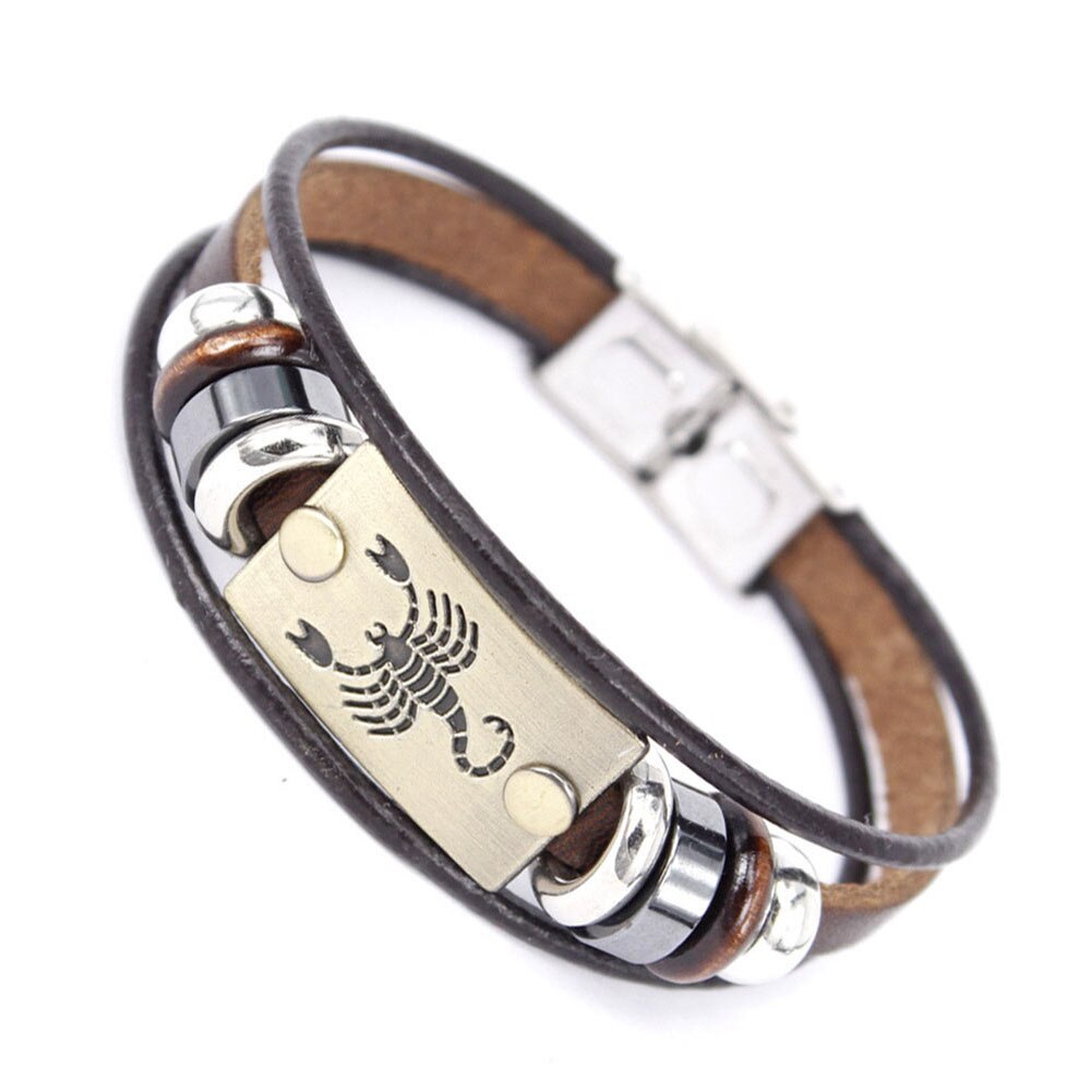 Constellations Men Bracelet Cuff Leather Alloy Zodiac Signs Man