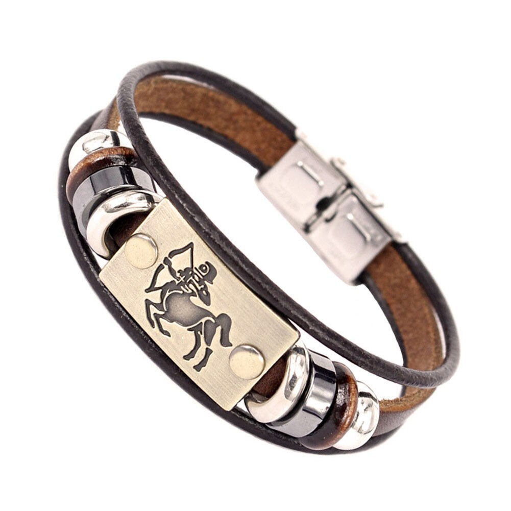 Constellations Men Bracelet Cuff Leather Alloy Zodiac Signs Man