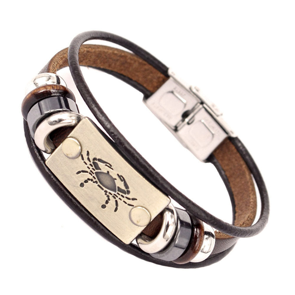 Constellations Men Bracelet Cuff Leather Alloy Zodiac Signs Man