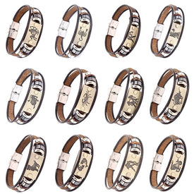 Constellations Men Bracelet Cuff Leather Alloy Zodiac Signs Man