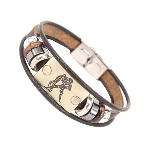 Image of Constellations Men Bracelet Cuff Leather Alloy Zodiac Signs Man