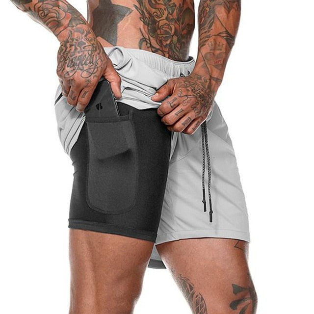 Men 2 in 1 Running Shorts Jogging Gym Fitness Training