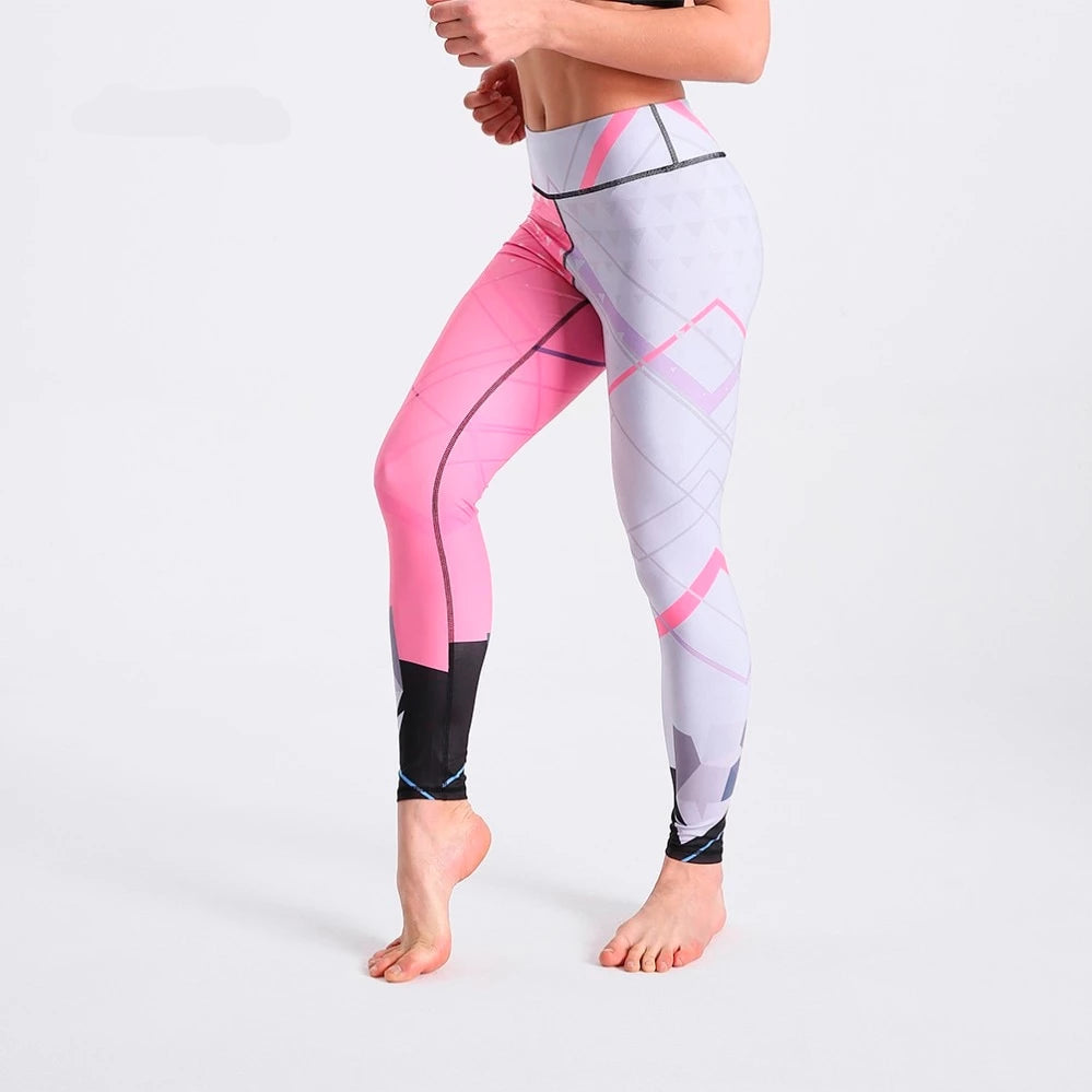 Pink White Color Striped Patchwork High Waist Pants Fitness