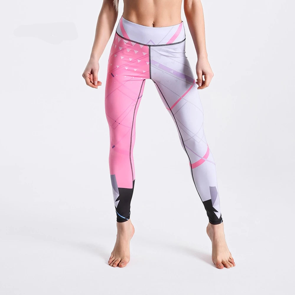 Pink White Color Striped Patchwork High Waist Pants Fitness