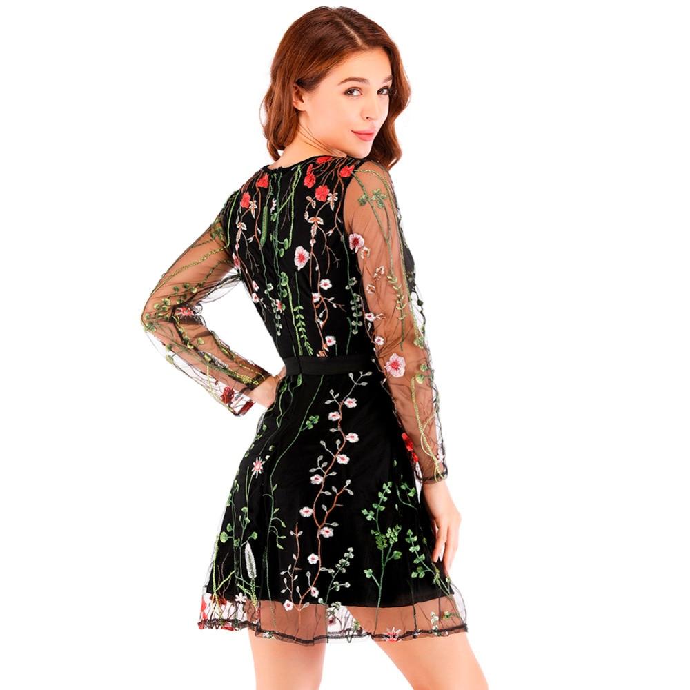 Sheer Mesh Floral Embroidery Dress