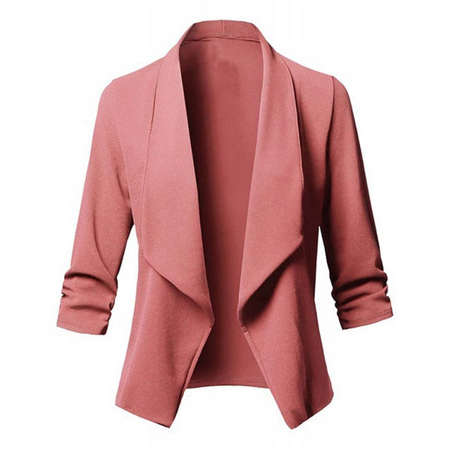 Solid color women blazer Open Front  Three Quarter Notched