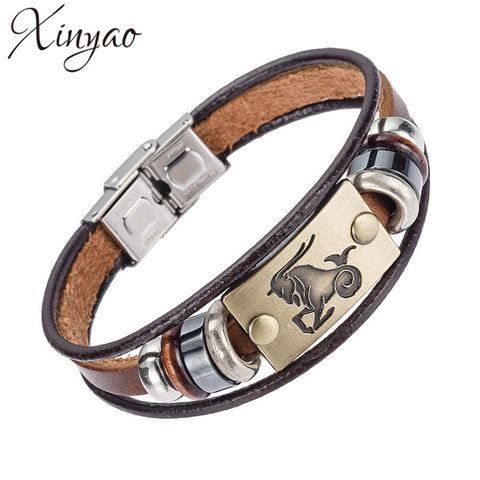 Image of XINYAO Constellation Bracelets Men Women Genuine Braided Leather Bracelet Men Jewelry
