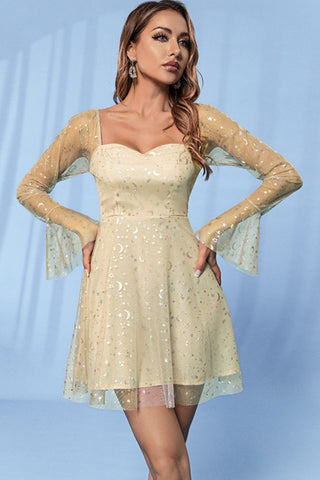 Image of Printed Mesh Flare Sleeve Dress
