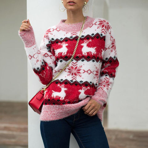 Image of Women Snow Deer Knitted Long Sleeve Sweater