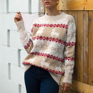 Women Snow Deer Knitted Long Sleeve Sweater