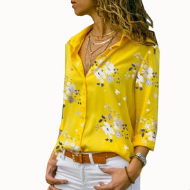 Elegant Long Sleeve Print V-Neck Chiffon Blouse