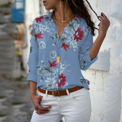 Image of Elegant Long Sleeve Print V-Neck Chiffon Blouse