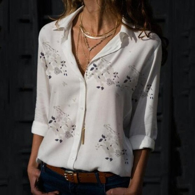 Elegant Long Sleeve Print V-Neck Chiffon Blouse