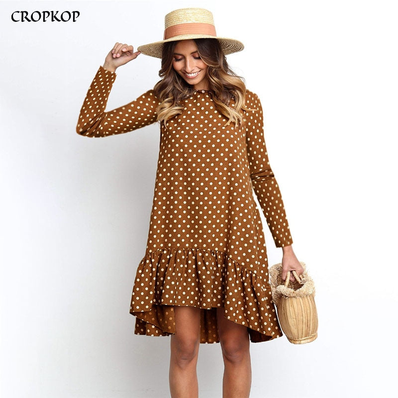 Women Polka Dot Chiffon Dress Long Sleeve