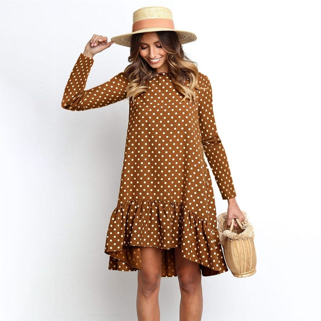 Women Polka Dot Chiffon Dress Long Sleeve
