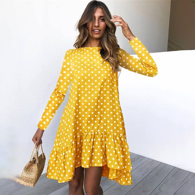 Women Polka Dot Chiffon Dress Long Sleeve