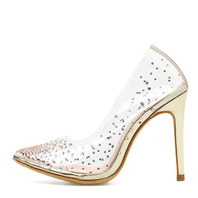 Golden Rhinestone Transparent Women Pumps